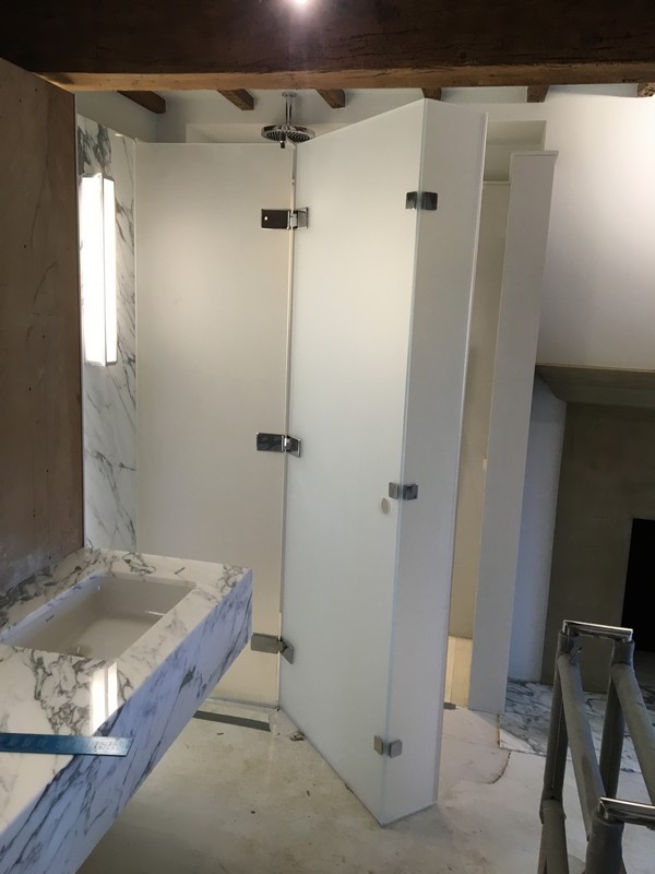 Bespoke frosted glass shower enclosure in Lower Edmonton luxury bathroom